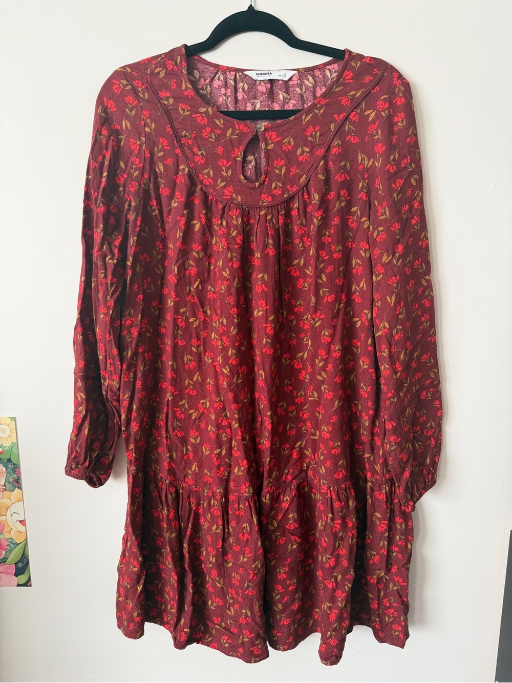 Sonoma Burgundy Floral Long Sleeve Peasant Dress